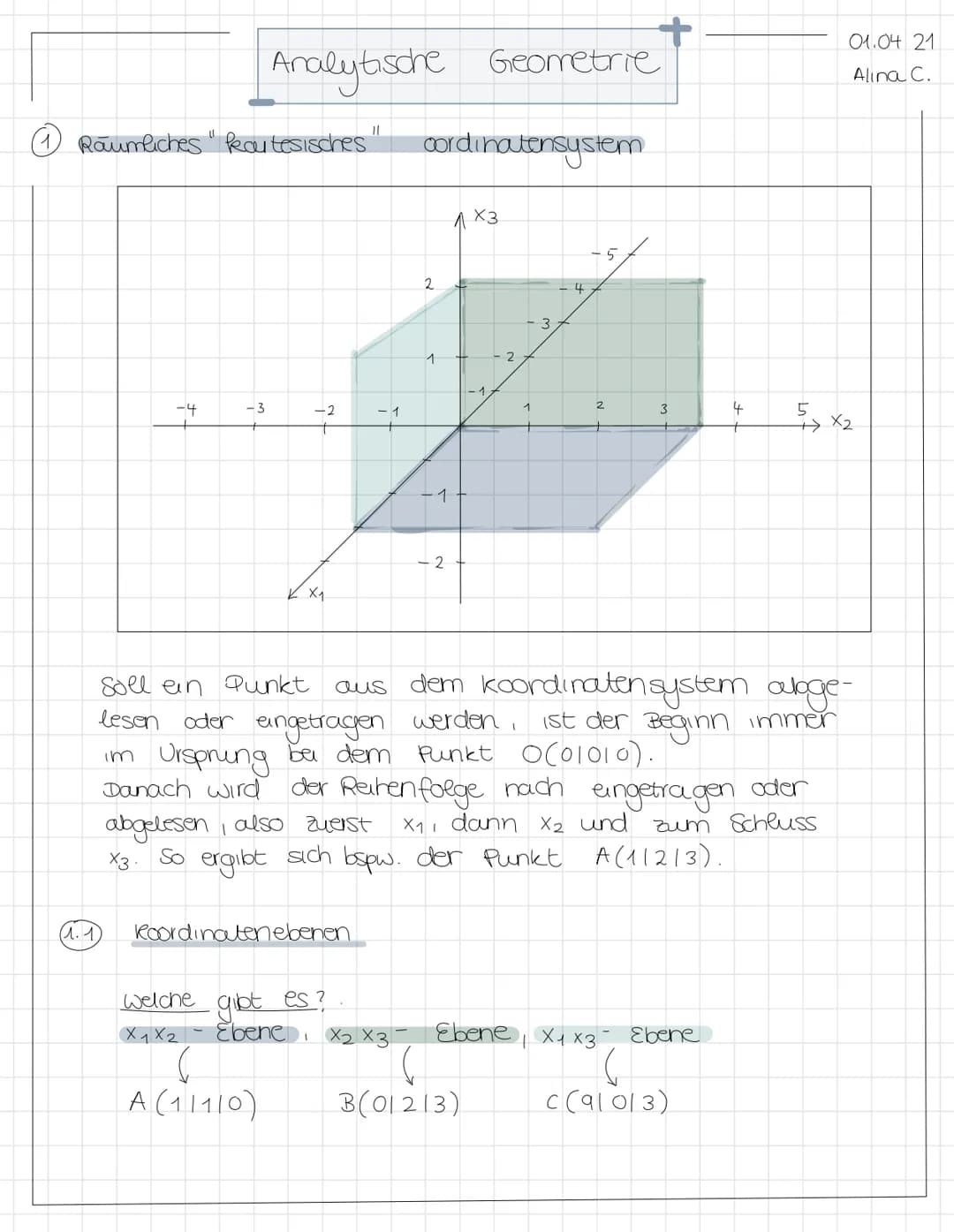 Analytische Geometrie
1 Raumliches "kau tesisches" cordinatensystem
-4
(1.1)
-3
welche
x1x2
-2
кX1
Koordinatenebenen
A (1/110)
-gibt es?
Ebe