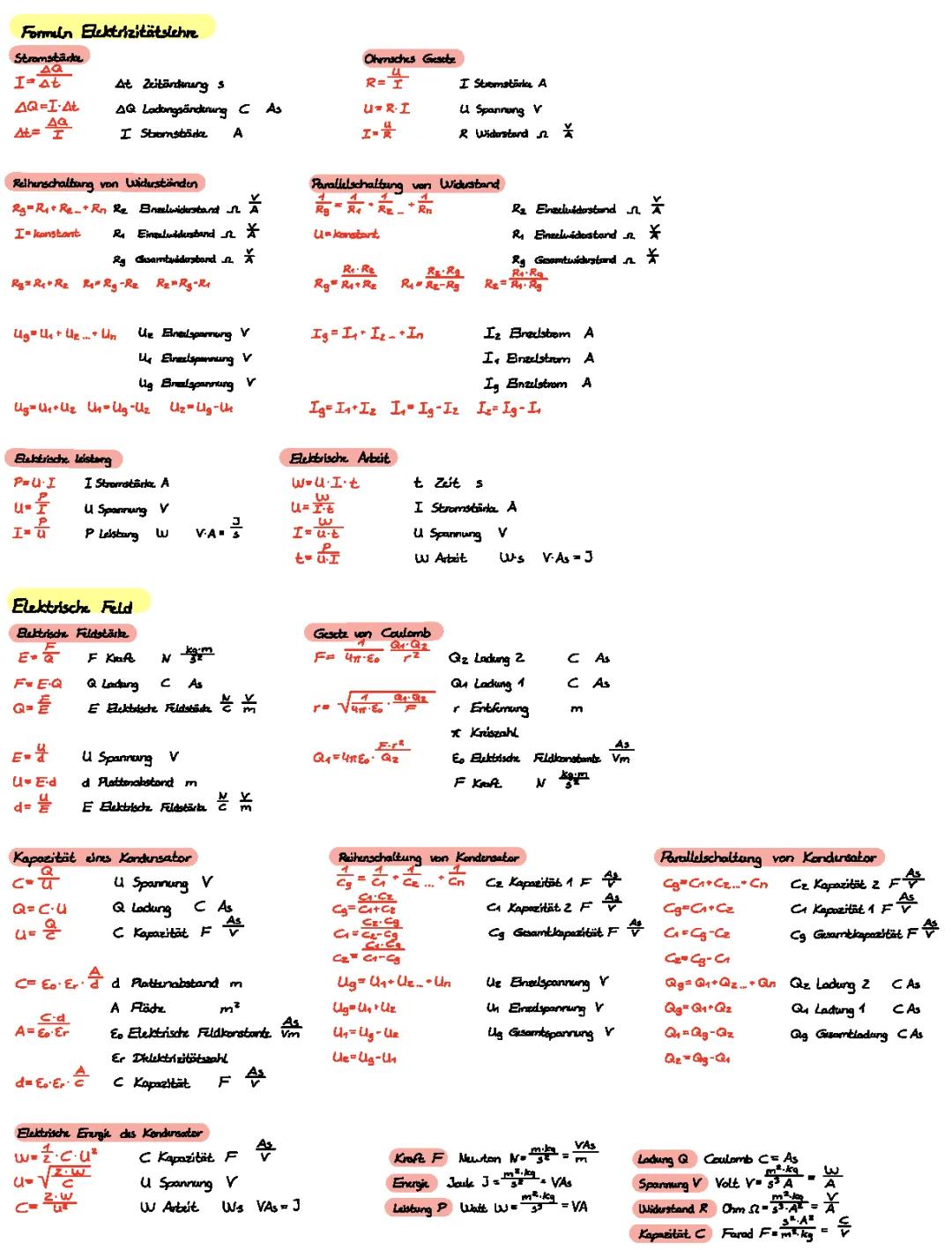 Physik Elektrizitätslehre Formelsammlung PDF für Klasse 7 und 8