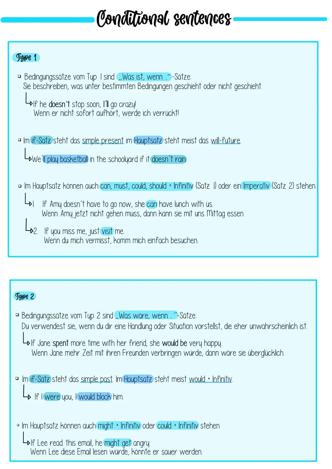 Conditional sentences
Гуре 1
0 Bedingungssätze vom Typ I sind ,,Was ist, wenn..."-Sätze:
Sie beschreiben, was unter bestimmten Bedingungen g