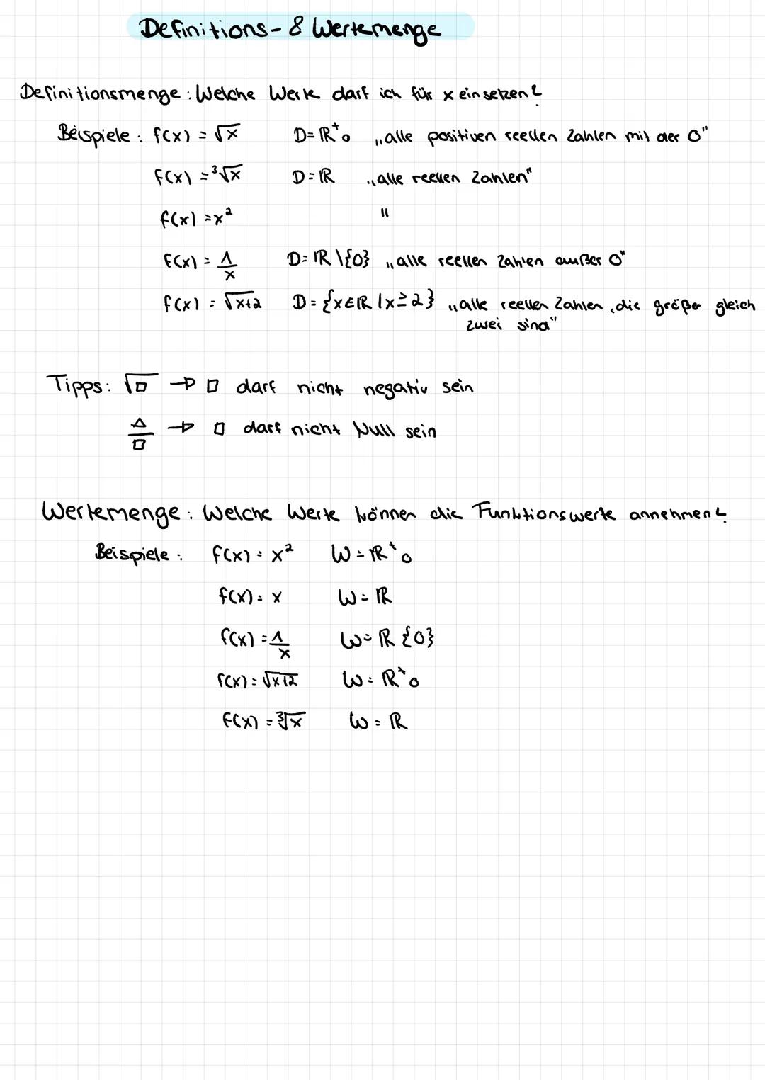 Definitions- & Wertemenge
Definitionsmenge: Welche Werke darf ich für x einsetzen?
Beispiele: f(x)=√x
F(x)=³√x
f(x)=x²
F(x) = 1
X
f(x) = √x+