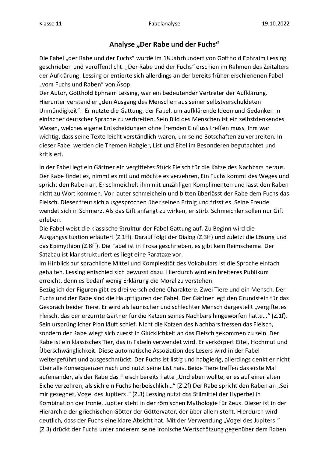 Fabelanalyse „Der Rabe und der Fuchs“ Gotthold Ephraim Lessing