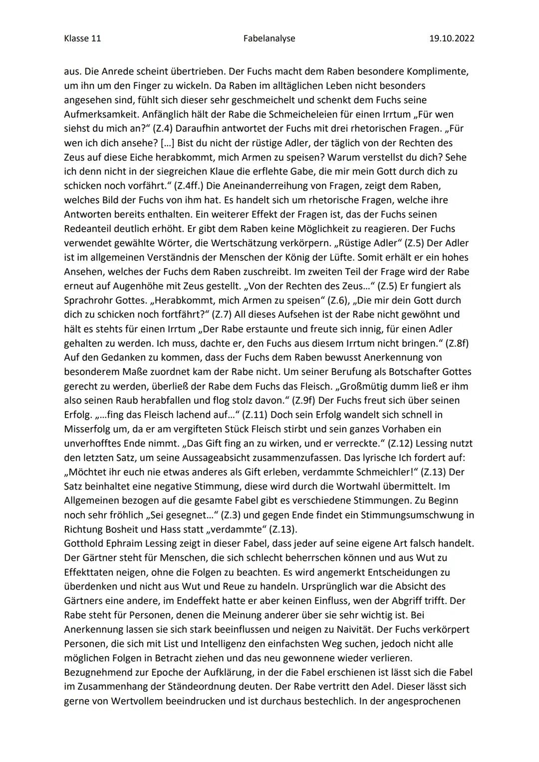Klasse 11
Fabelanalyse
19.10.2022
Analyse ,,Der Rabe und der Fuchs"
Die Fabel ,,der Rabe und der Fuchs" wurde im 18. Jahrhundert von Gotthol