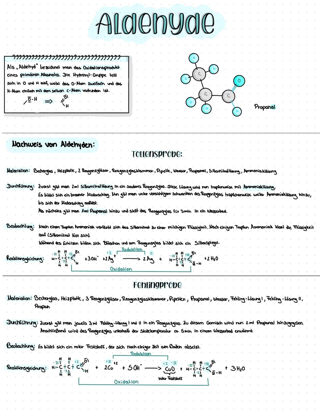 # Aldenyae

6666

Als Aldehyd bezeichnet man das Oxidationsprodukt
cines primären Alkanoles. Die Hydroxyl-Gruppe teilt
Sich in O und H auf, 