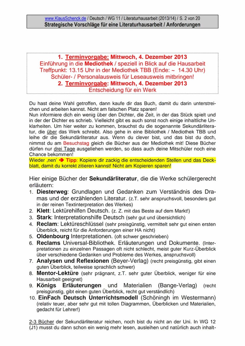 www.KlausSchenck.de / Deutsch / WG 11/ Literaturhausarbeit (2013/14) / S. 1 von 20
Strategische Vorschläge für eine Literaturhausarbeit / An