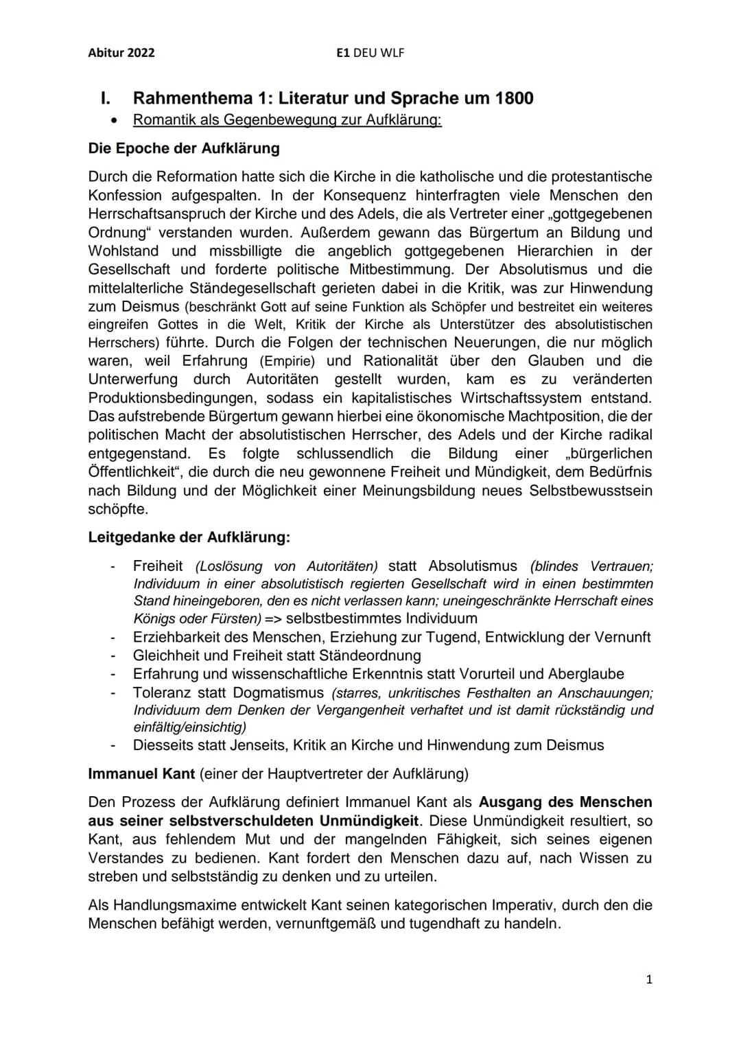 Abitur 2022
I. Rahmenthema 1: Literatur und Sprache um 1800
Romantik als Gegenbewegung zur Aufklärung:
●
E1 DEU WLF
Die Epoche der Aufklärun