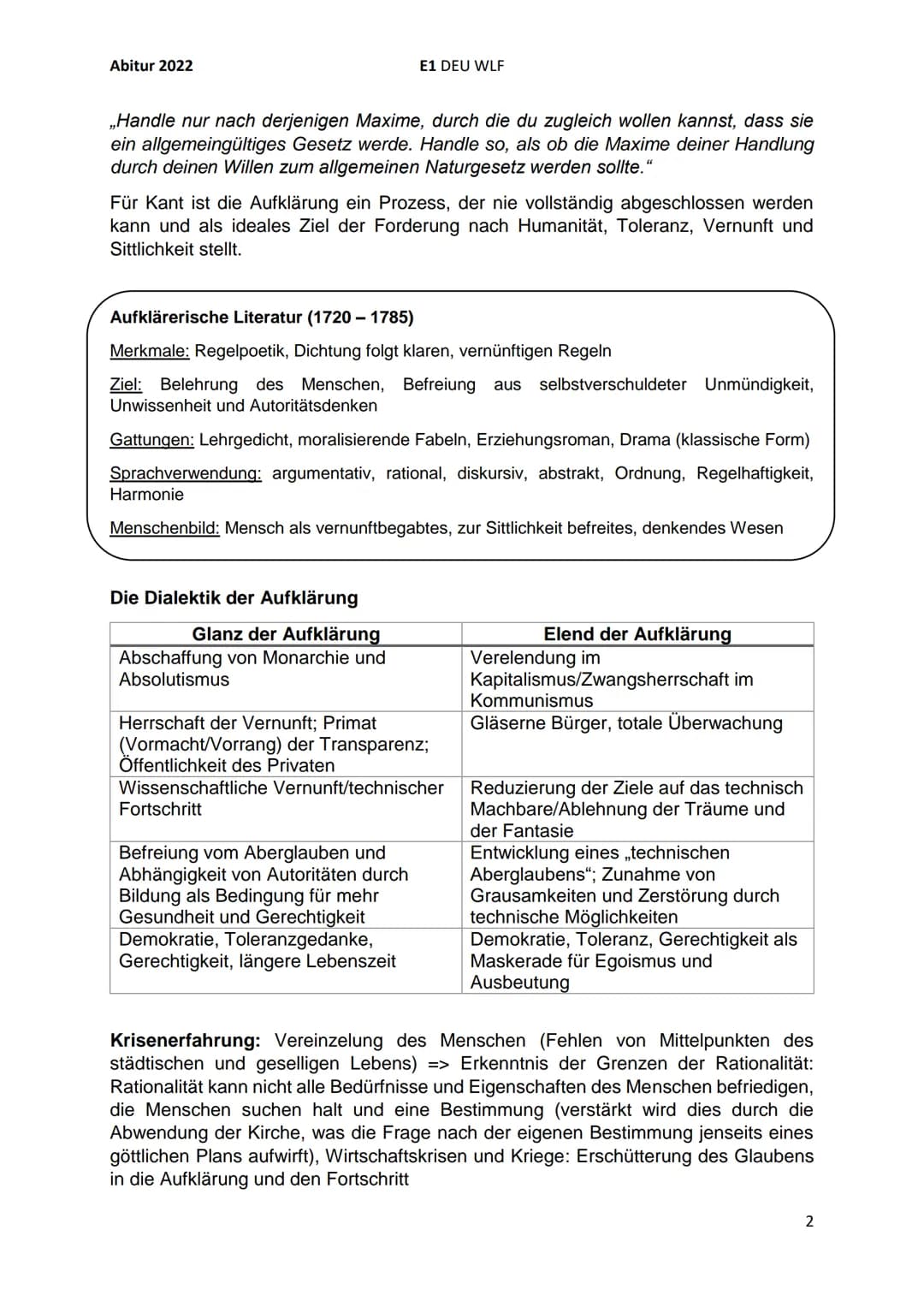 Abitur 2022
I. Rahmenthema 1: Literatur und Sprache um 1800
Romantik als Gegenbewegung zur Aufklärung:
●
E1 DEU WLF
Die Epoche der Aufklärun