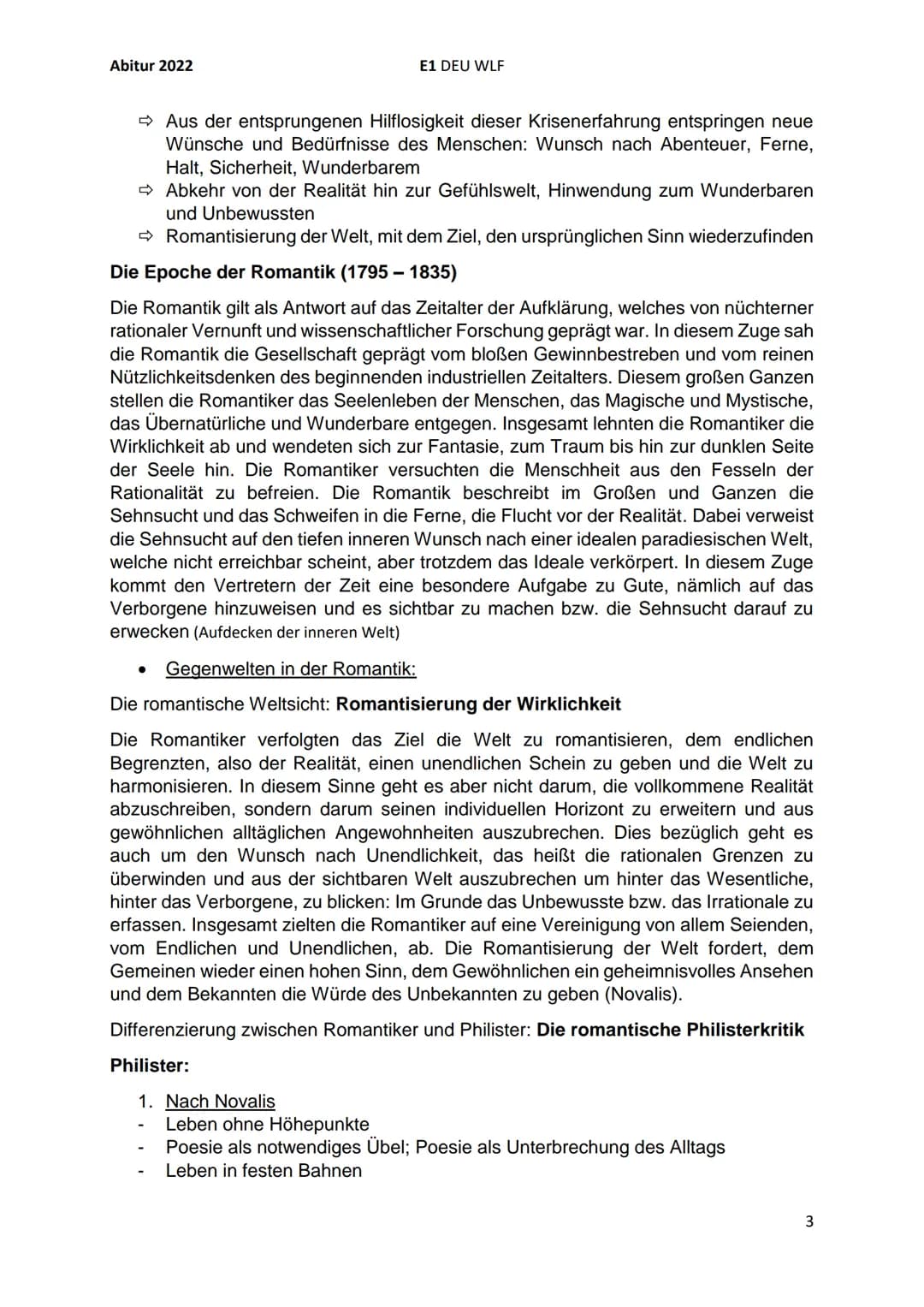 Abitur 2022
I. Rahmenthema 1: Literatur und Sprache um 1800
Romantik als Gegenbewegung zur Aufklärung:
●
E1 DEU WLF
Die Epoche der Aufklärun