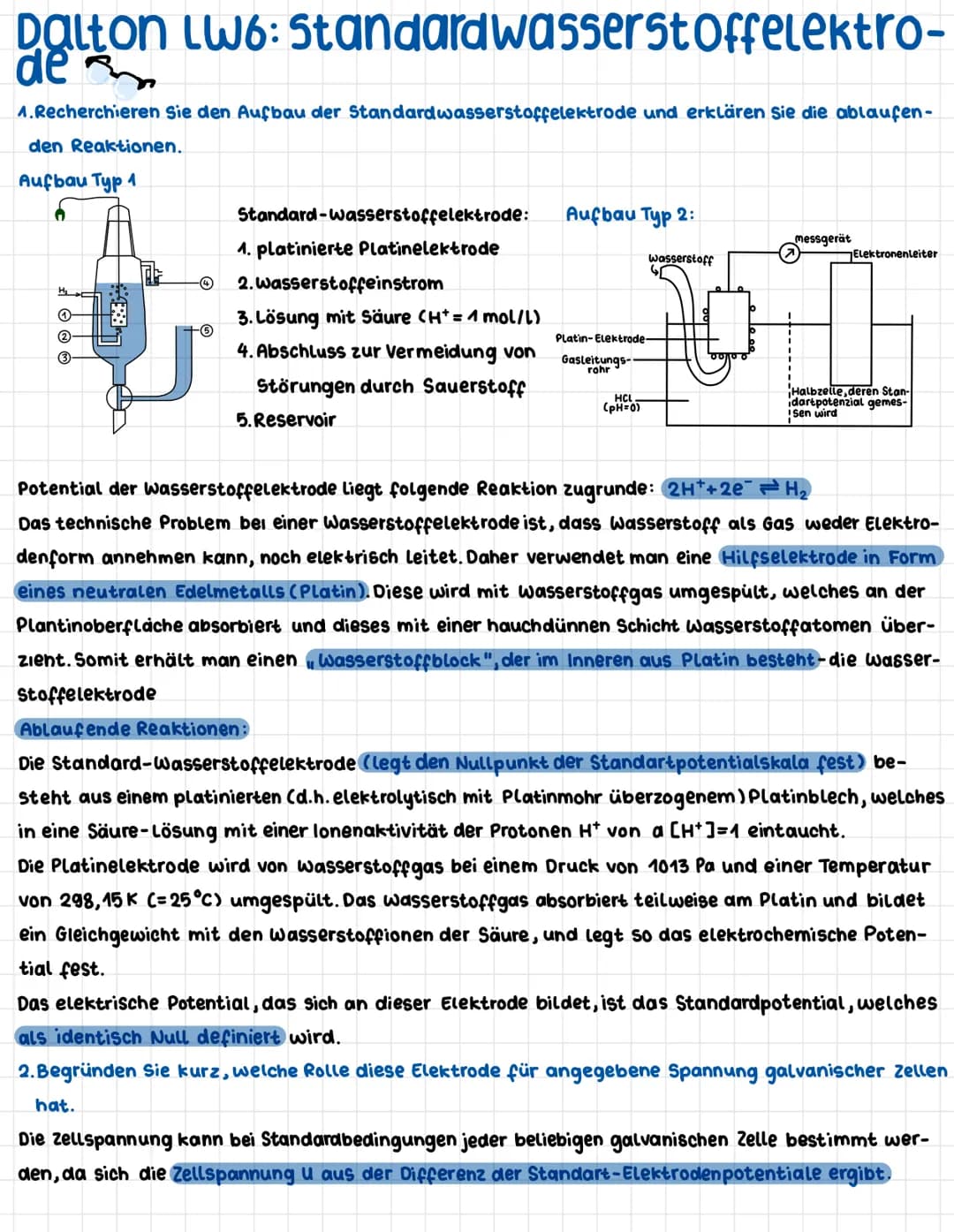 Dalton LW6: Standardwasserstoffelektro-
de
1.Recherchieren Sie den Aufbau der Standardwasserstoffelektrode und erklären Sie die ablaufen-
de