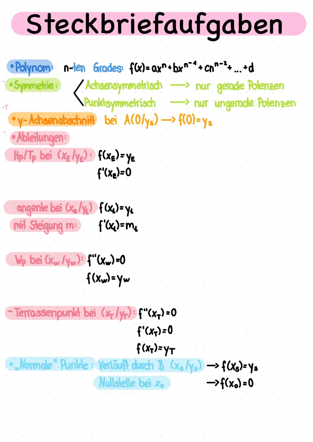 -T
Steckbriefaufgaben
Polynom n-ten Grades: f(x)= ax+bx+ch-²+...+d
Symmetrie Achsensymmetrisch →→→ nur gerade Polenzen
Punktsymmetrisch
•y-A