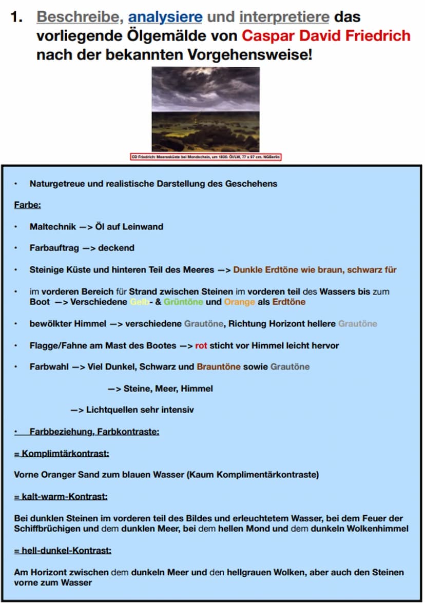 1. Beschreibe, analysiere und interpretiere das
vorliegende Ölgemälde von Caspar David Friedrich
nach der bekannten Vorgehensweise!
CD Fried