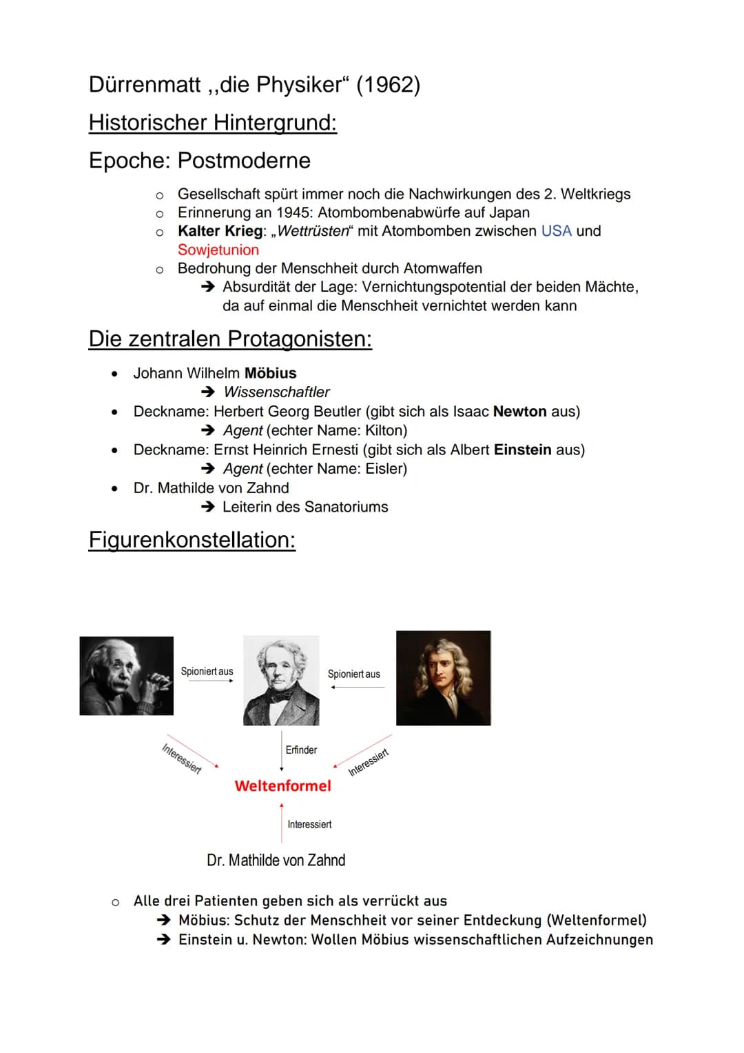 Dürrenmatt,,die Physiker" (1962)
Historischer Hintergrund:
Epoche: Postmoderne
O Gesellschaft spürt immer noch die Nachwirkungen des 2. Welt