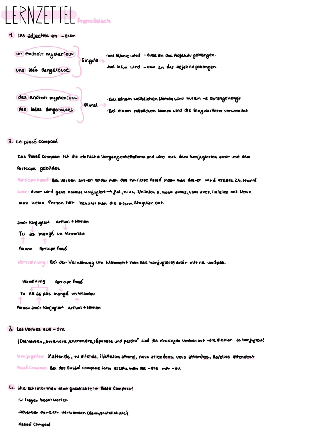 LERNZETTEL
1. Les adjectifs en -eux
un endroit mysterieux
une idée dangereuse
des endroit mysterieur
des idées dangereuses
französisch
Perso