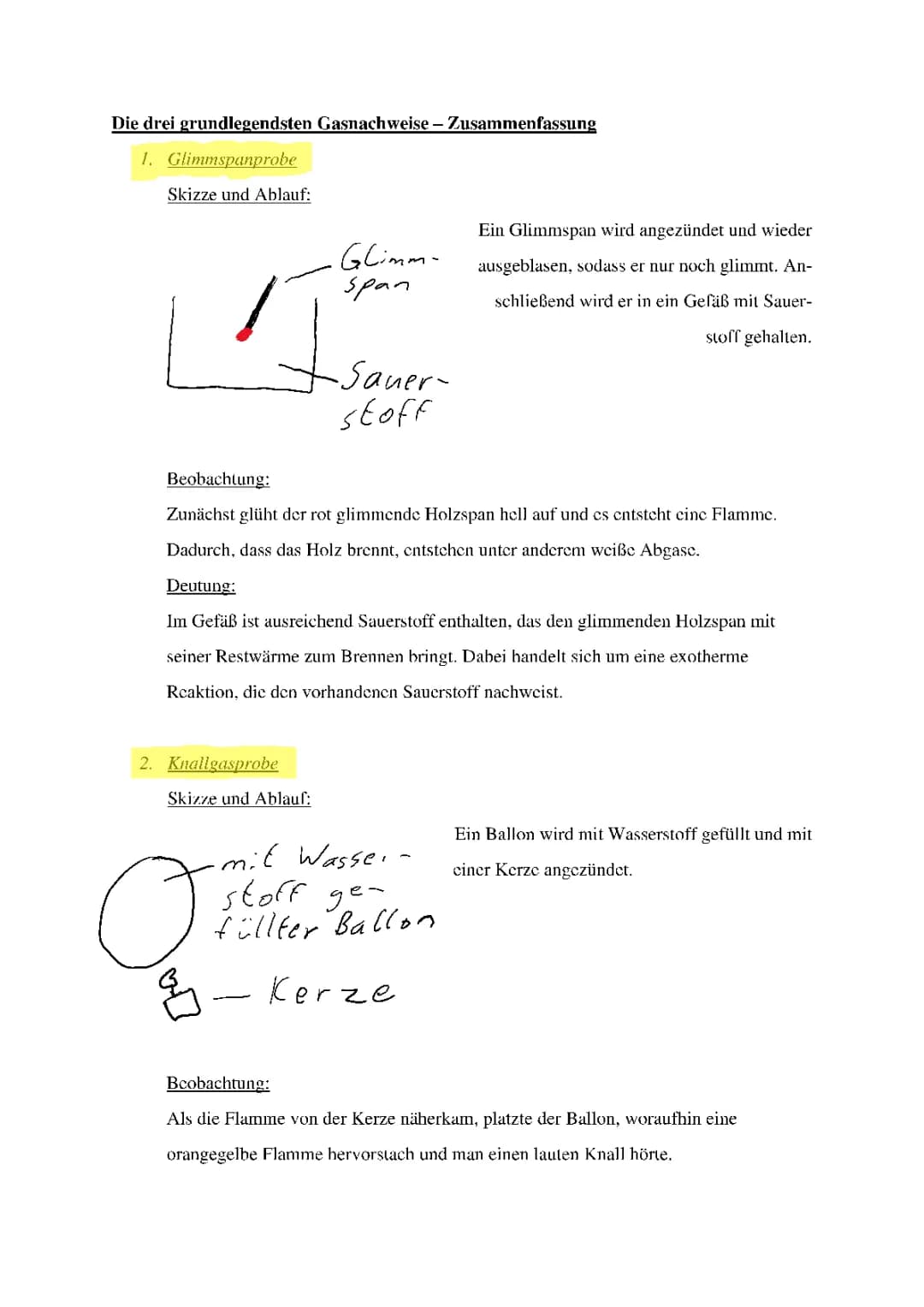 Glimmspanprobe, Knallgasprobe und Kalkwasserprobe - einfache Nachweise und Reaktionsgleichungen