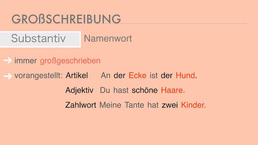 GROB- UND
KLEINSCHREIBUNG mein auto ist groß und blau. dein auto
ist klein und rot. GROBSCHREIBUNG
Substantiv Namenwort
immer großgeschriebe