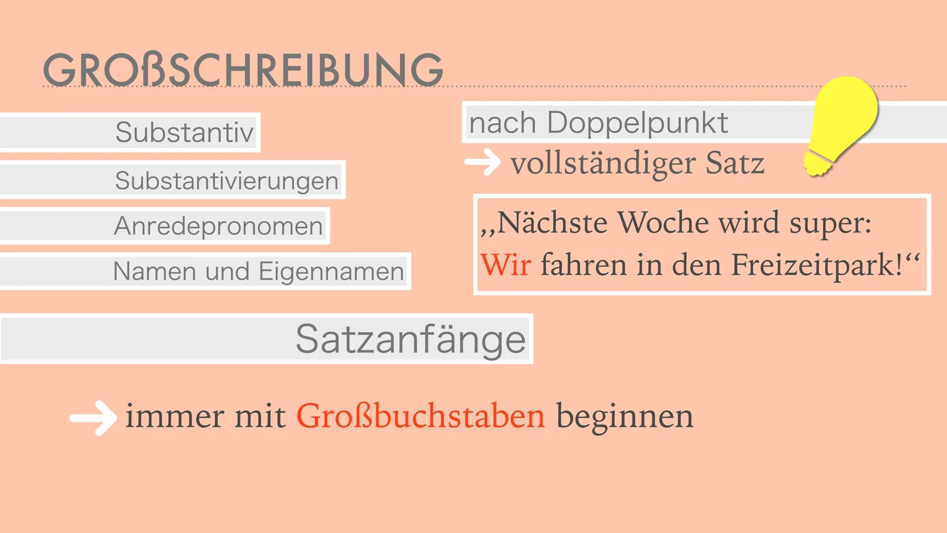 GROB- UND
KLEINSCHREIBUNG mein auto ist groß und blau. dein auto
ist klein und rot. GROBSCHREIBUNG
Substantiv Namenwort
immer großgeschriebe