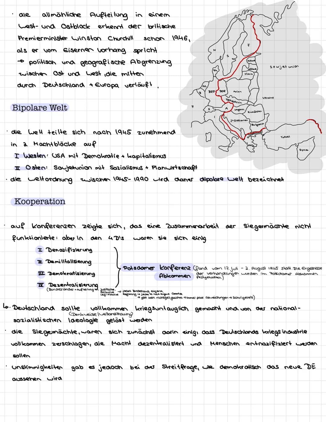 1945 wurde DE con den
(vevordnung DE)
auf der Potsdamer konferenz kommt es zu
Sovjetunion
da sie unterschiedliche Machtinteressen haben
1949