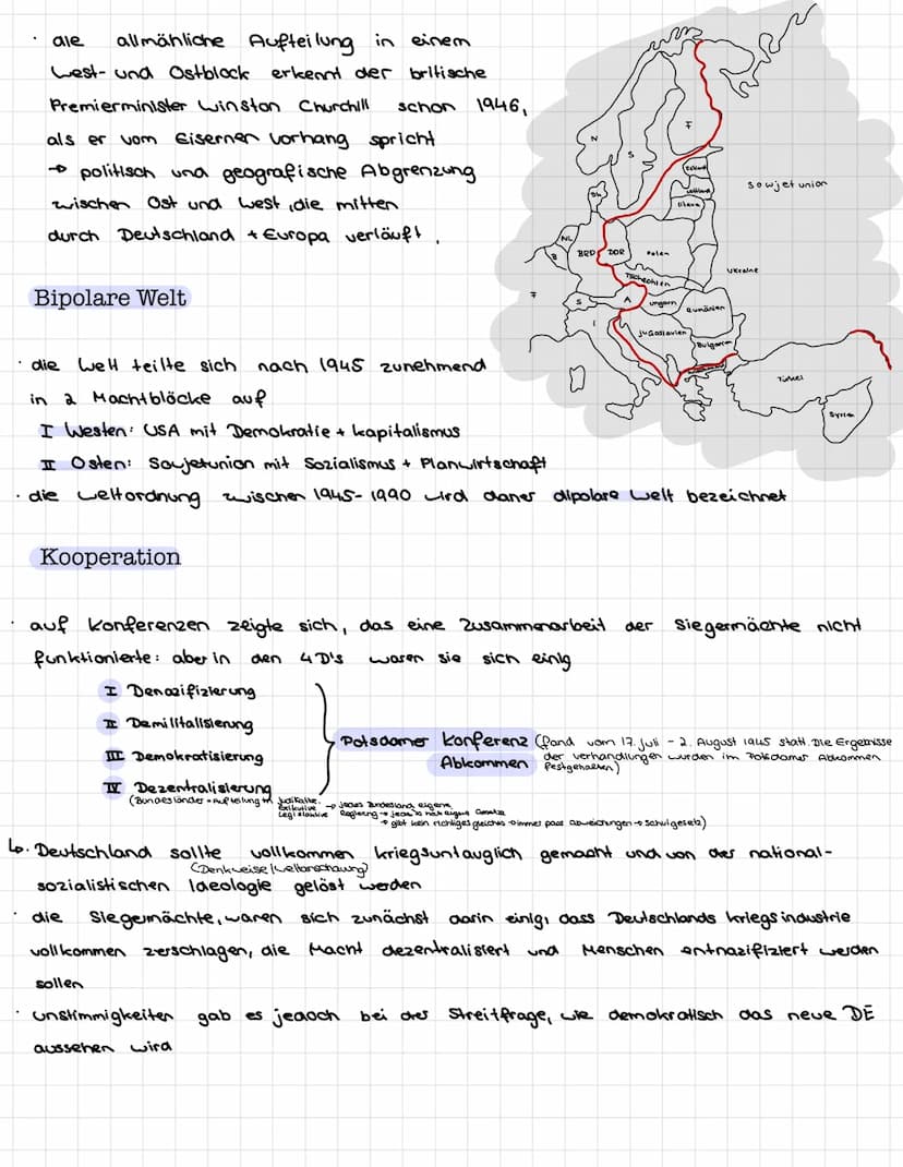 1945 wurde DE con den
(vevordnung DE)
auf der Potsdamer konferenz kommt es zu
Sovjetunion
da sie unterschiedliche Machtinteressen haben
1949