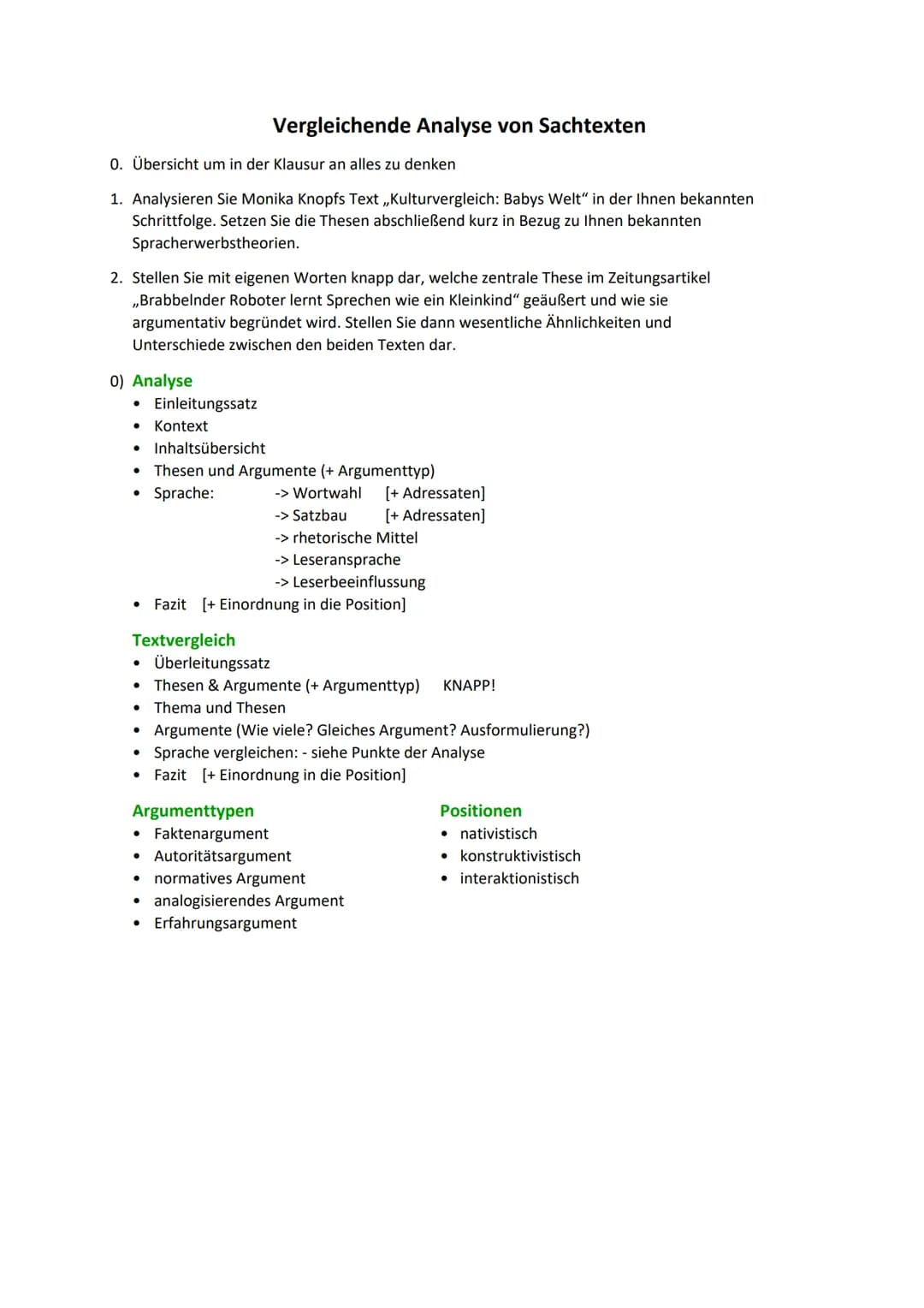 0. Übersicht um in der Klausur an alles zu denken
1. Analysieren Sie Monika Knopfs Text ,,Kulturvergleich: Babys Welt" in der Ihnen bekannte