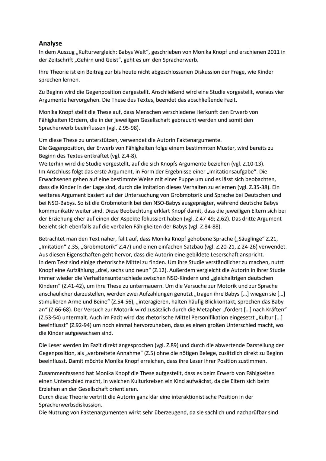 0. Übersicht um in der Klausur an alles zu denken
1. Analysieren Sie Monika Knopfs Text ,,Kulturvergleich: Babys Welt" in der Ihnen bekannte