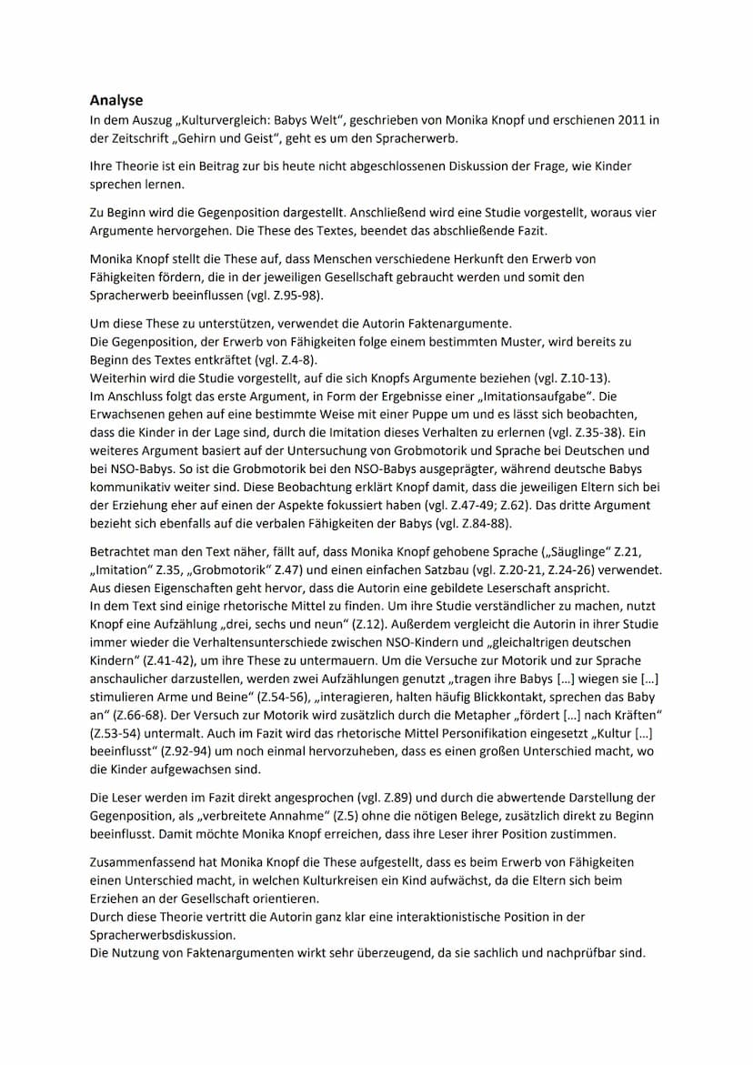 0. Übersicht um in der Klausur an alles zu denken
1. Analysieren Sie Monika Knopfs Text ,,Kulturvergleich: Babys Welt" in der Ihnen bekannte