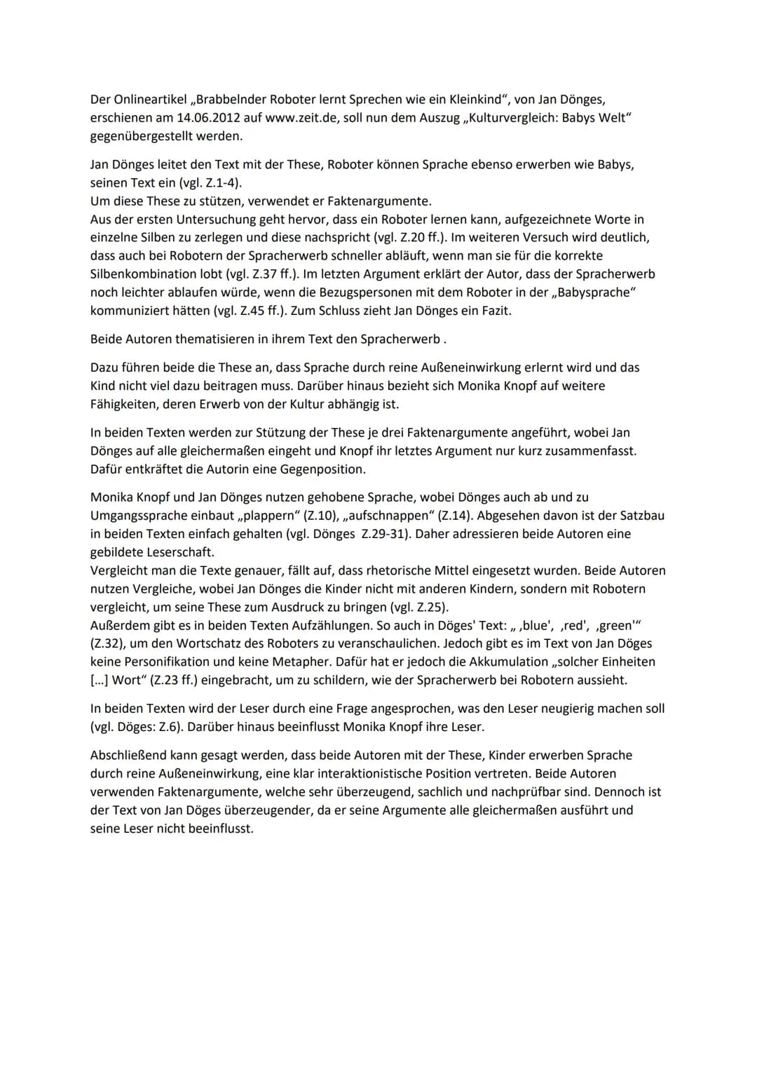 0. Übersicht um in der Klausur an alles zu denken
1. Analysieren Sie Monika Knopfs Text ,,Kulturvergleich: Babys Welt" in der Ihnen bekannte