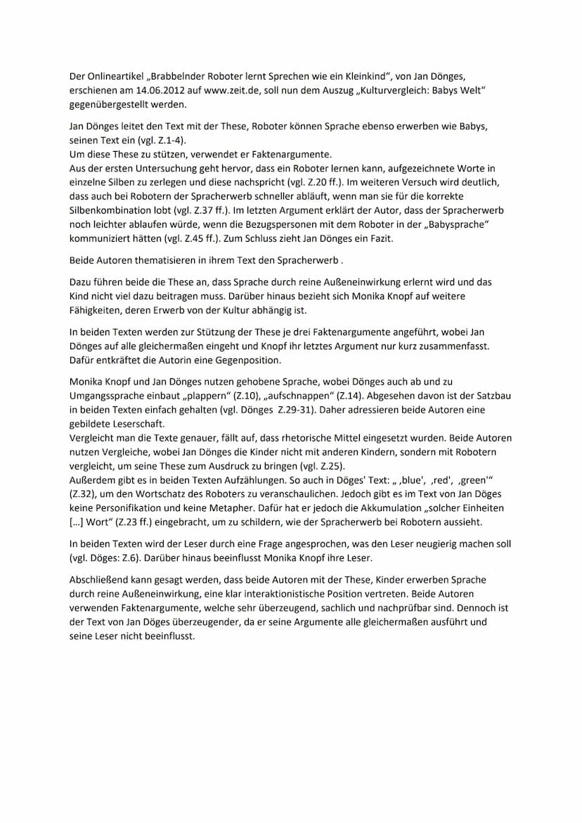 0. Übersicht um in der Klausur an alles zu denken
1. Analysieren Sie Monika Knopfs Text ,,Kulturvergleich: Babys Welt" in der Ihnen bekannte