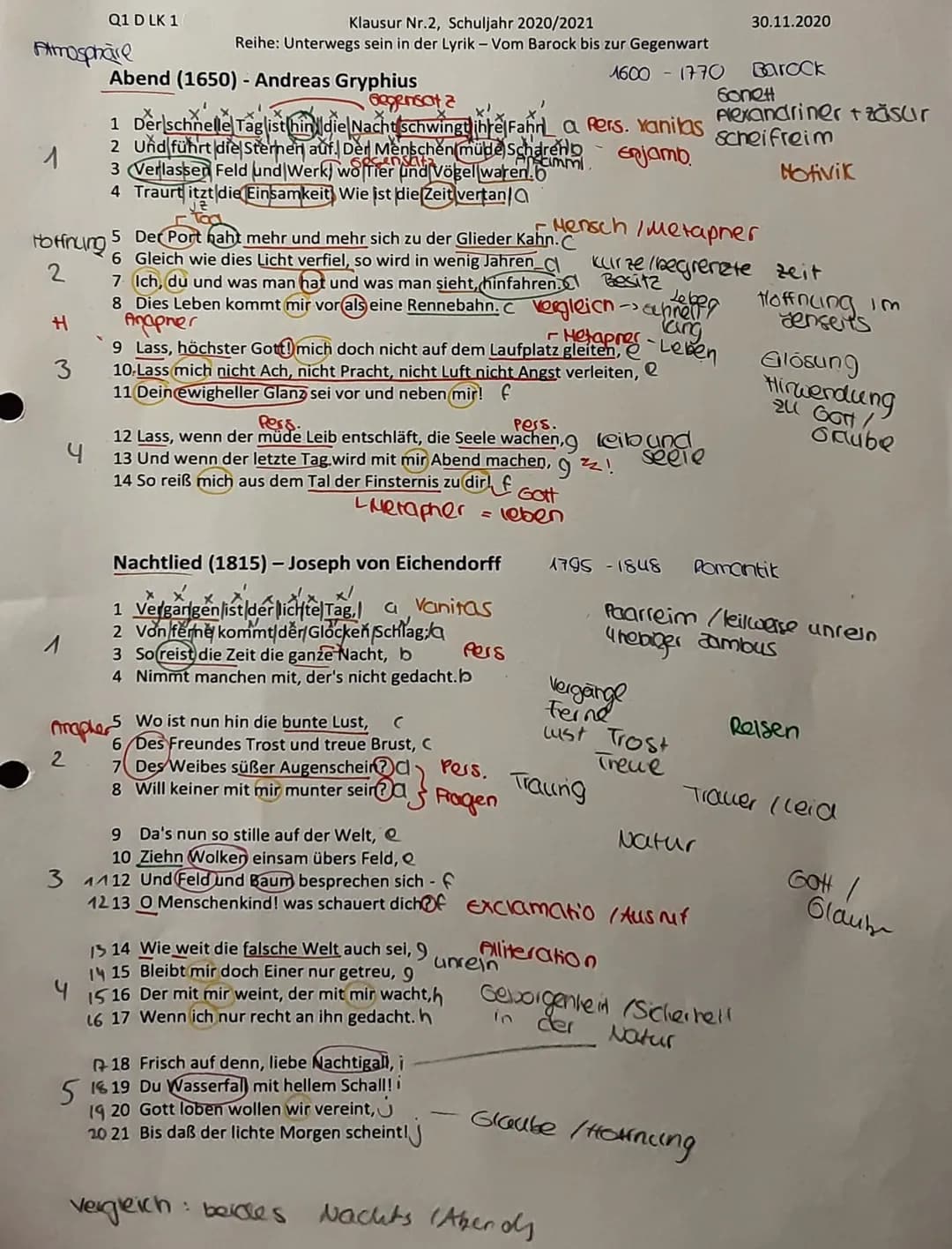 Q1 D LK 1
Klausur Nr.2, Schuljahr 2020/2021
Reihe: Unterwegs sein in der Lyrik - Vom Barock bis zur Gegenwart
Aufgabenstellung:
1. Analysier