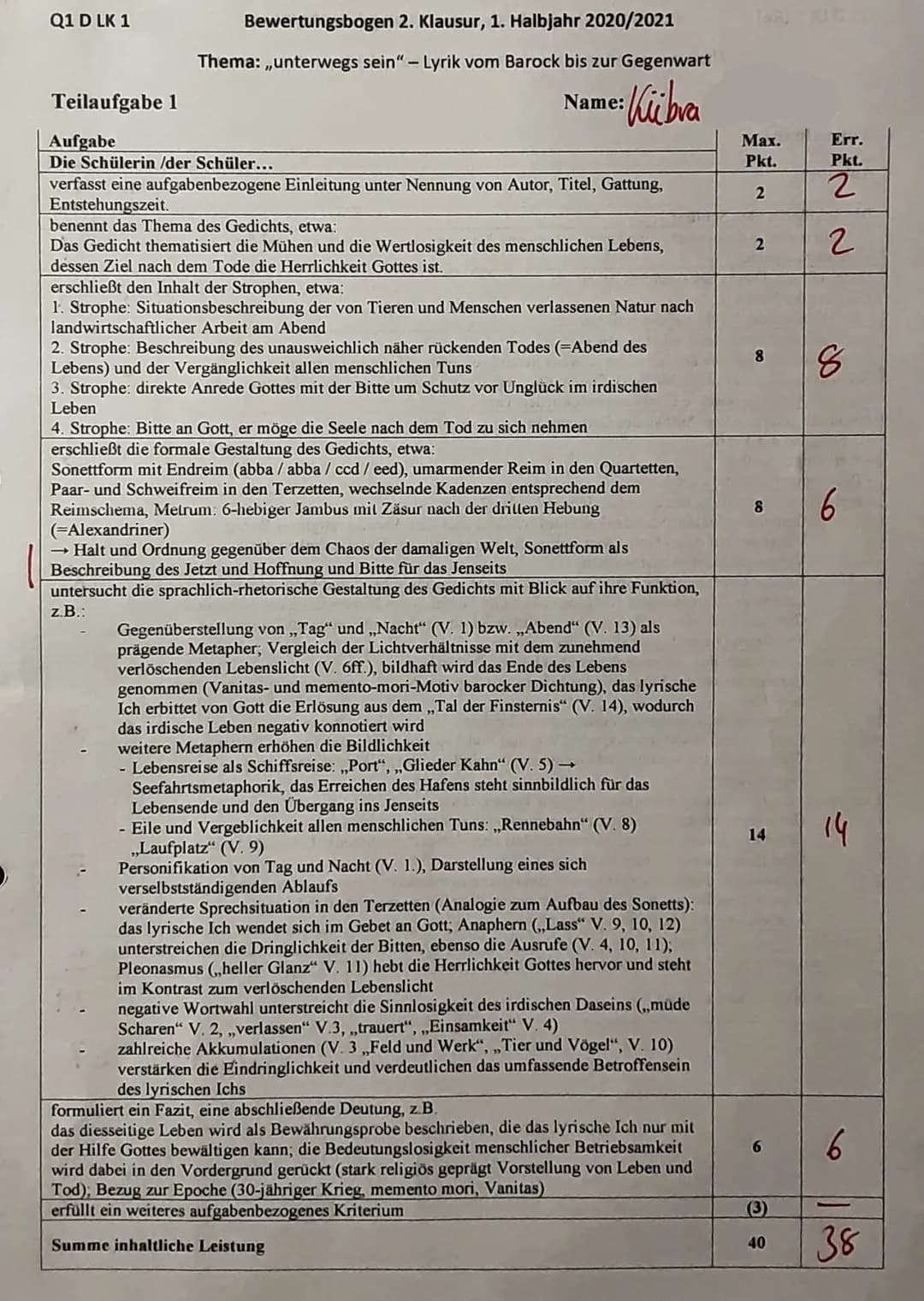 Q1 D LK 1
Klausur Nr.2, Schuljahr 2020/2021
Reihe: Unterwegs sein in der Lyrik - Vom Barock bis zur Gegenwart
Aufgabenstellung:
1. Analysier