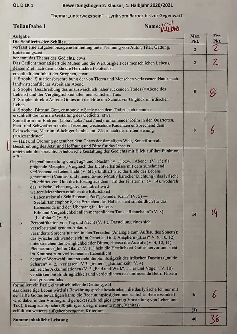 Q1 D LK 1
Klausur Nr.2, Schuljahr 2020/2021
Reihe: Unterwegs sein in der Lyrik - Vom Barock bis zur Gegenwart
Aufgabenstellung:
1. Analysier