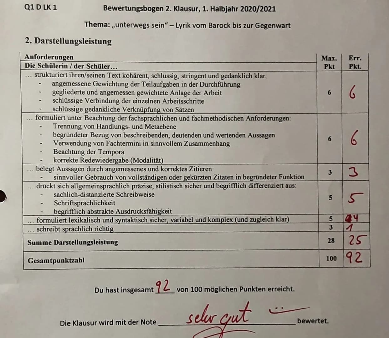 Q1 D LK 1
Klausur Nr.2, Schuljahr 2020/2021
Reihe: Unterwegs sein in der Lyrik - Vom Barock bis zur Gegenwart
Aufgabenstellung:
1. Analysier