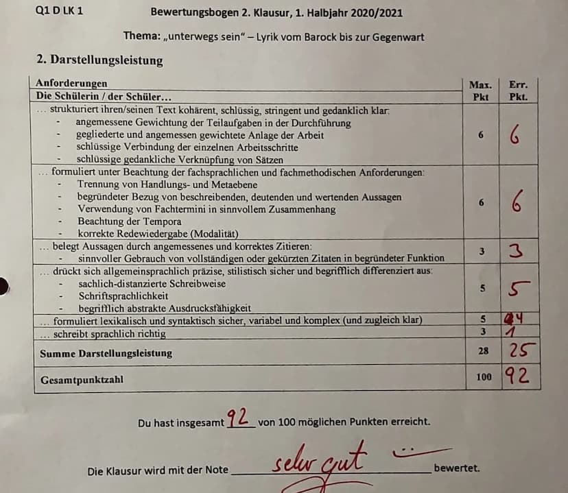 Q1 D LK 1
Klausur Nr.2, Schuljahr 2020/2021
Reihe: Unterwegs sein in der Lyrik - Vom Barock bis zur Gegenwart
Aufgabenstellung:
1. Analysier