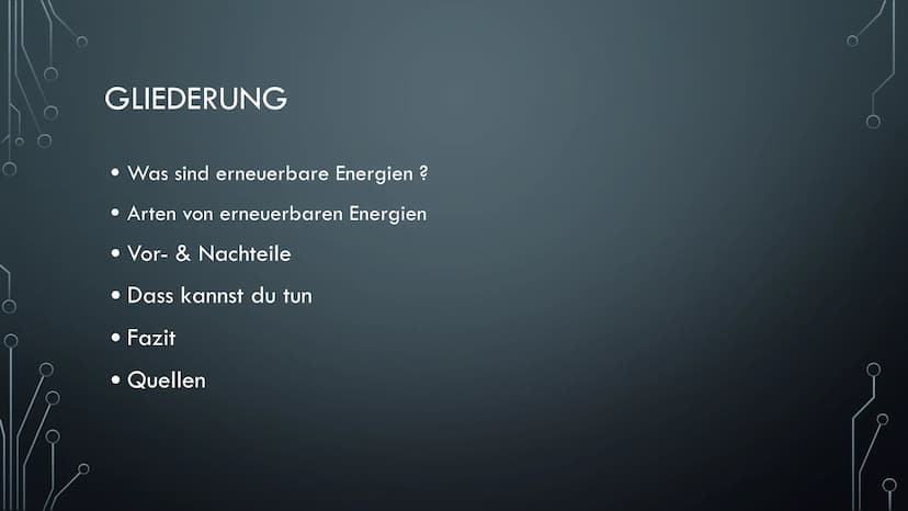 ERNEUERBARE ENERGIEN
EINE PRÄSENTATION VON VICTORIA AXT Ⓒ GLIEDERUNG
• Was sind erneuerbare Energien ?
• Arten von erneuerbaren Energien
• V