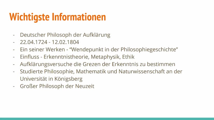 Immanuel Kant Inhaltsangabe
1. Wichtigste Informationen
2.
Leben
3. Werke
4. Seine Aufklärung
5. Kants Vorstellung
6. Kategorischer Imperati