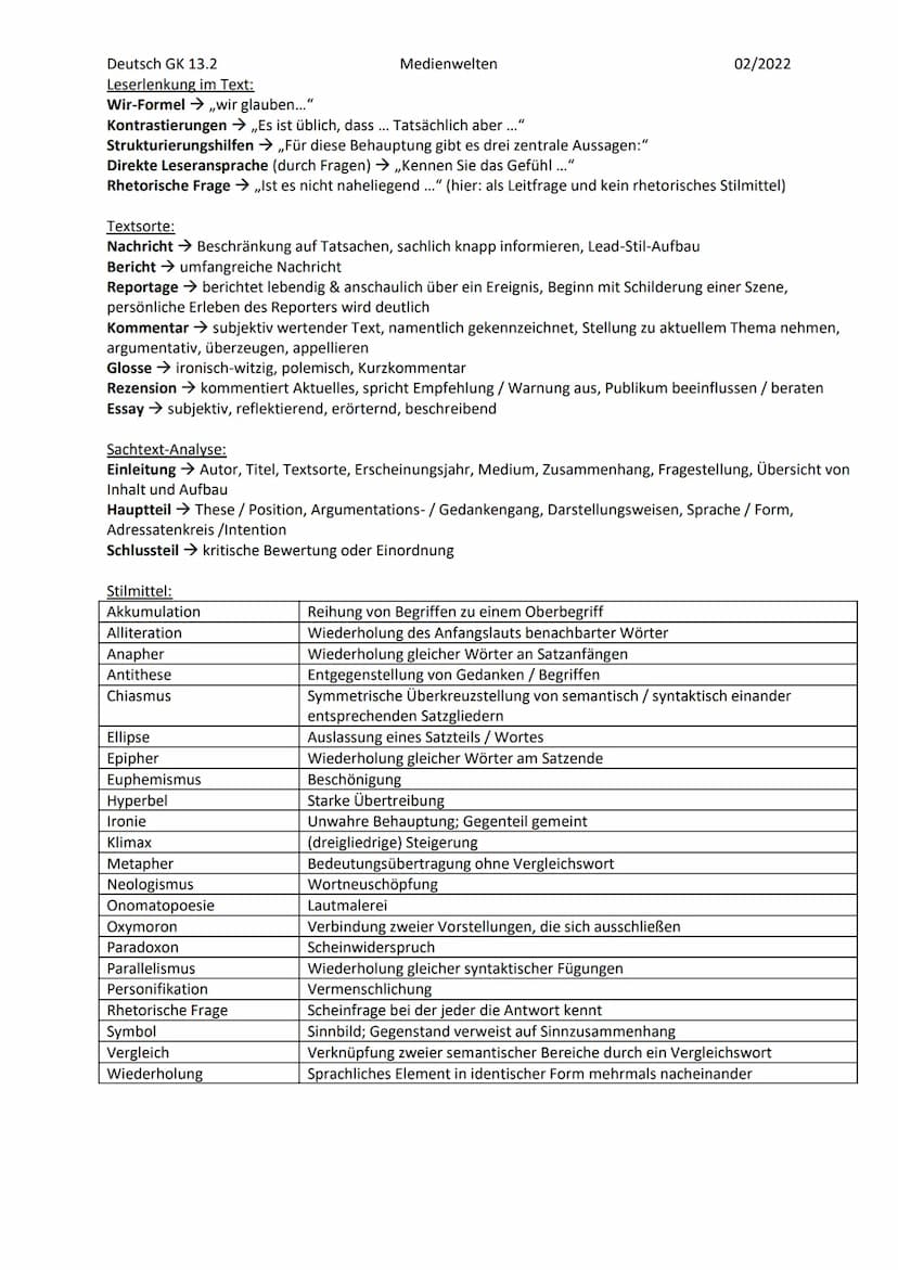 Deutsch GK 13.2
Medienbegriff:
,,vermittelndes Element", wörtlich übersetzt: Mitte oder das Mittlere, alle möglichen Kommunikationsmittel,
r