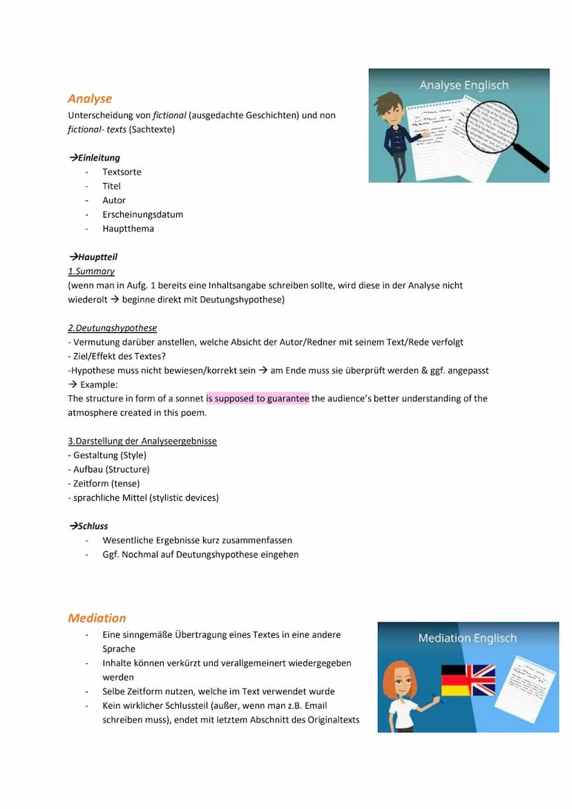 Lernzettel Englisch
Comprehension/Summary
→Einleitung
Text type
Title
Author
Date
→ (Ort vor Zeit - ggf. erst ,,wo veröffentlicht", dann ers