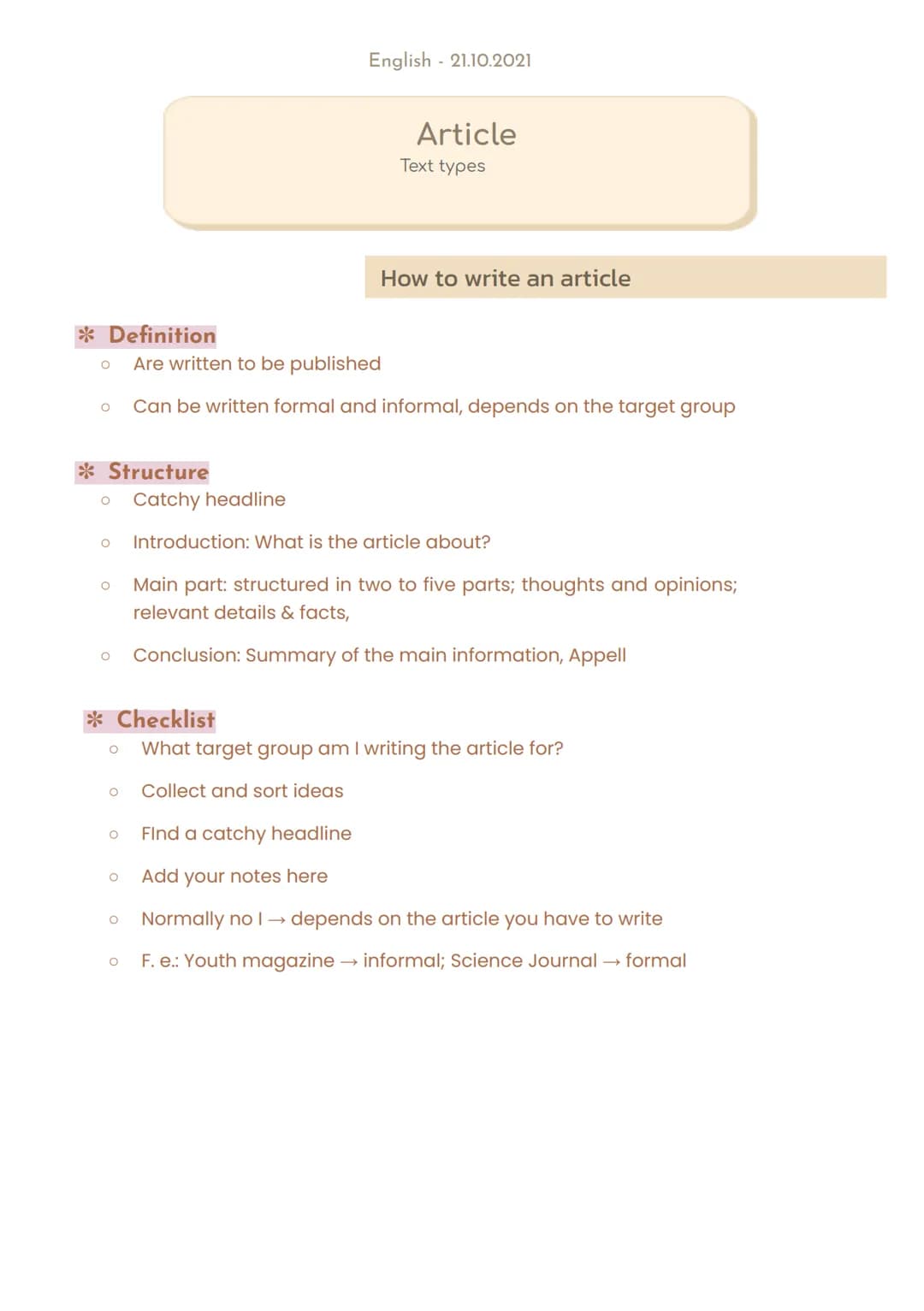 O
Structure
* Definition
O Are written to be published
Can be written formal and informal, depends on the target group
O
* Checklist
O
O Int
