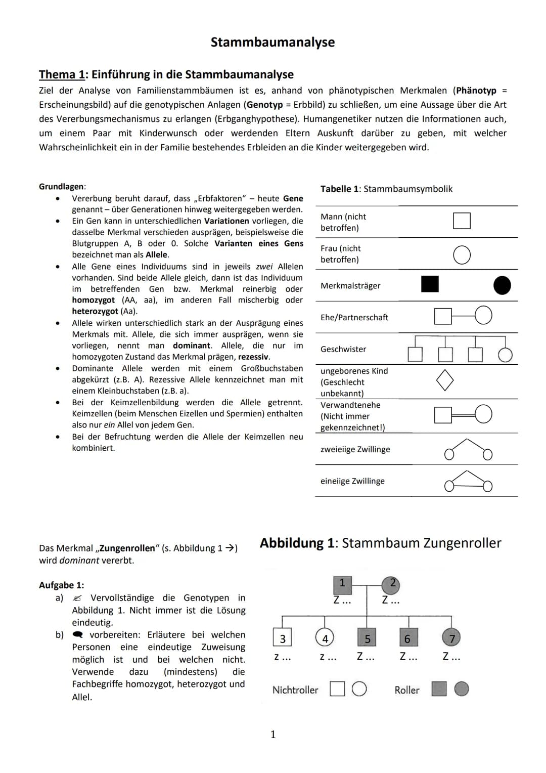 Thema 1: Einführung in die Stammbaumanalyse
Ziel der Analyse von Familienstammbäumen ist es, anhand von phänotypischen Merkmalen (Phänotyp =