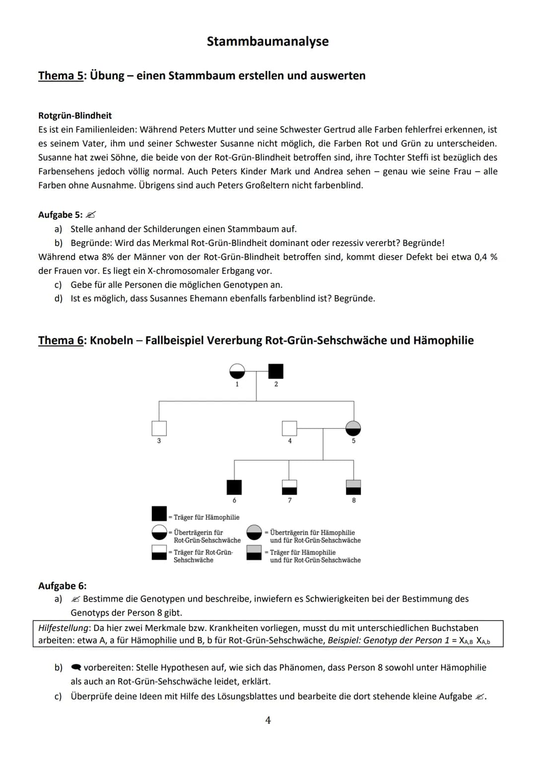 Thema 1: Einführung in die Stammbaumanalyse
Ziel der Analyse von Familienstammbäumen ist es, anhand von phänotypischen Merkmalen (Phänotyp =