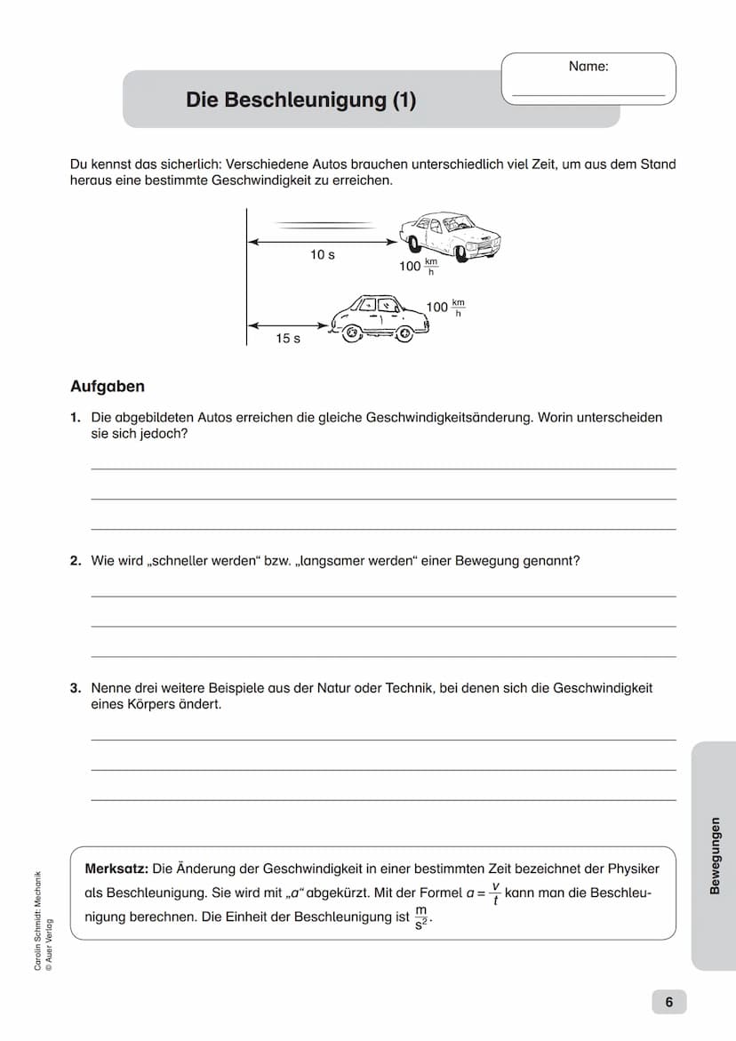 Carolin Schmidt: Mechanik
Ⓒ Auer Verlag
Materialaufstellung und Hinweise
Sämtliche Arbeitsblätter sind in entsprechener Anzahl zu vervielfäl