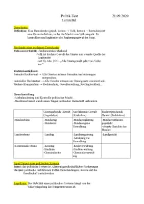 Know Politik Lernzettel (Demokratie, Merkmale einer modernen Demokratie, Input/Output eines  politischen Systems, Regelkreis, Staatsform/Herrschaftsform, Politik allgemein und die drei Dimensionen des Politischen) thumbnail