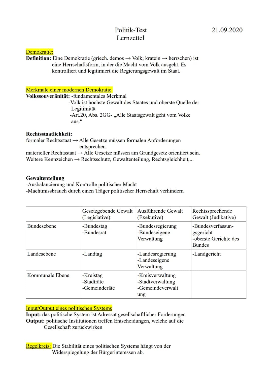 Demokratie:
Definition: Eine Demokratie (griech. demos → Volk; kratein → herrschen) ist
eine Herrschaftsform, in der die Macht vom Volk ausg