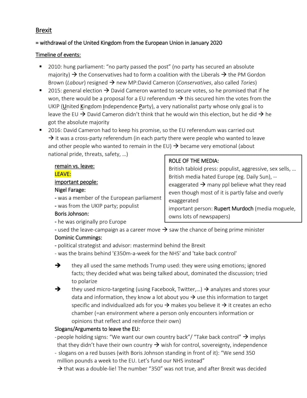 Brexit
= withdrawal of the United Kingdom from the European Union in January 2020
Timeline of events:
2010: hung parliament: "no party passe