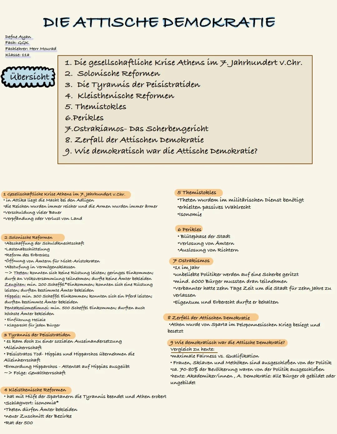 DIE ATTISCHE DEMOKRATIE
Defne Ayan
Fach: GGK
Fachlehrer: Herr Mourad
Klasse: 11a
übersicht
1. Die gesellschaftliche Krise Athens im 7. Jahrh