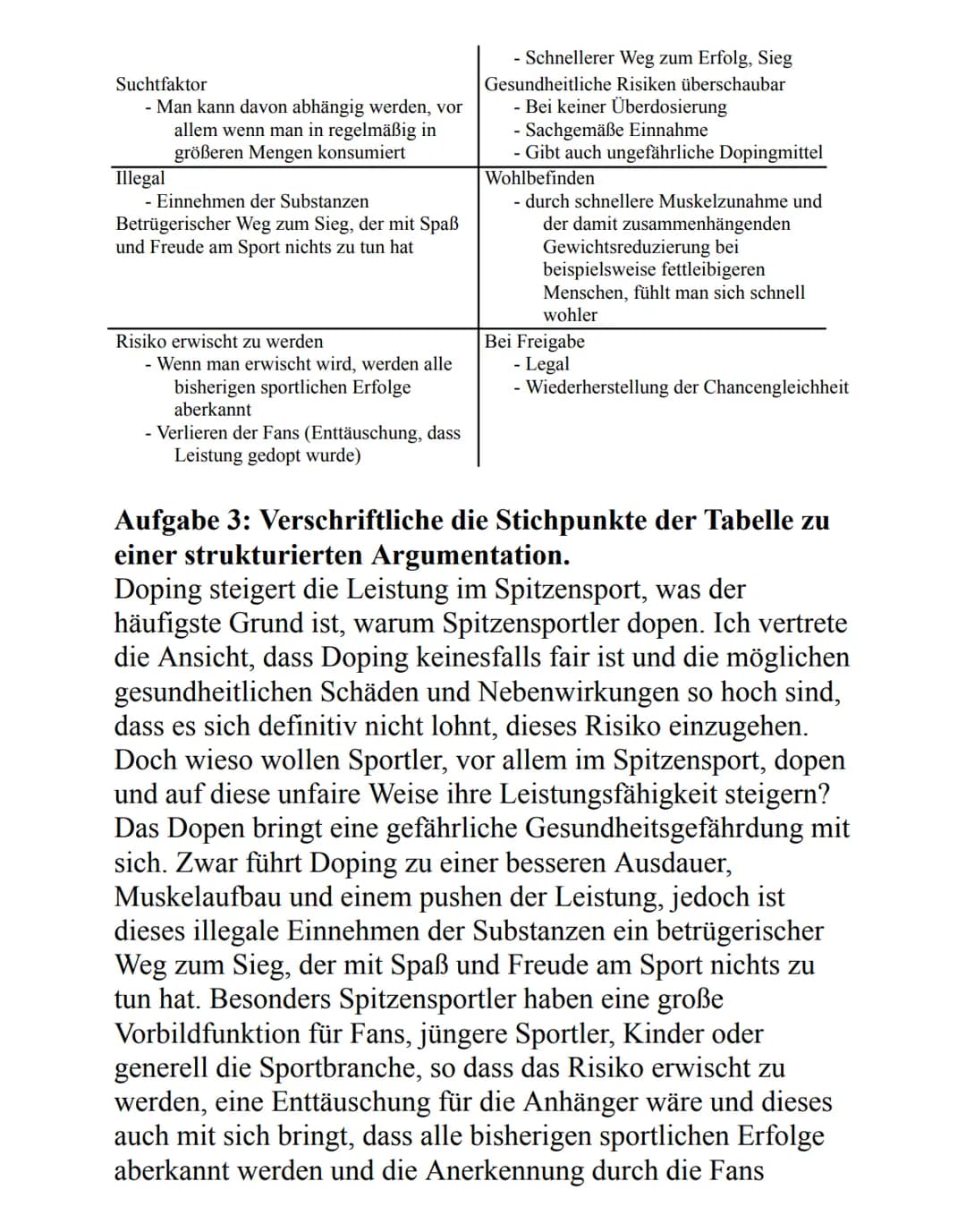 Argumentation - Doping
Aufgabe 1+2: Recherchiere Argumente, die für und gegen
Doping im Spitzensport sprechen und fertigt eine Tabelle
an, i