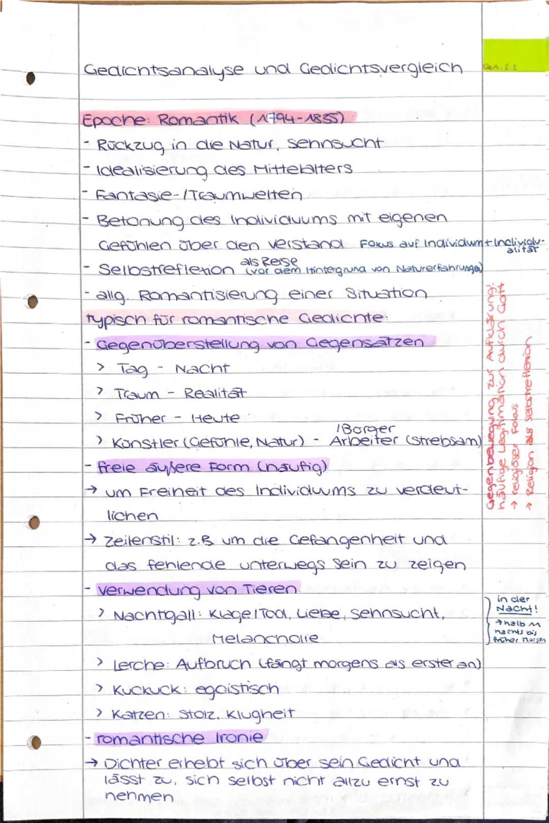 --- OCR Start ---
Gedichtsanalyse und Gedichtsvergleich
GA.2.2
Epoche: Romantik (1794-1855)
- Rückzug in die Natur, sehnsucht
- Idealisierun