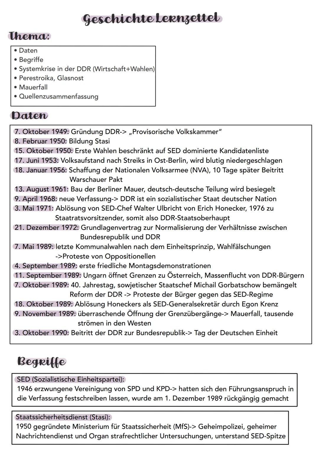 # Geschichte Lernzettel

## Thema:

*   Daten
*   Begriffe
*   Systemkrise in der DDR (Wirtschaft+Wahlen)
*   Perestroika, Glasnost
*   Maue