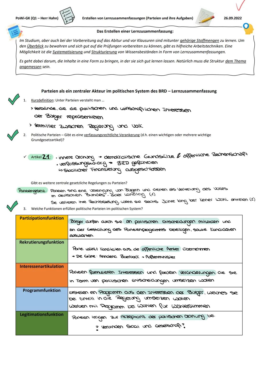 Lernzettel fürs Abi: Aufgaben und Funktionen von Parteien einfach erklärt