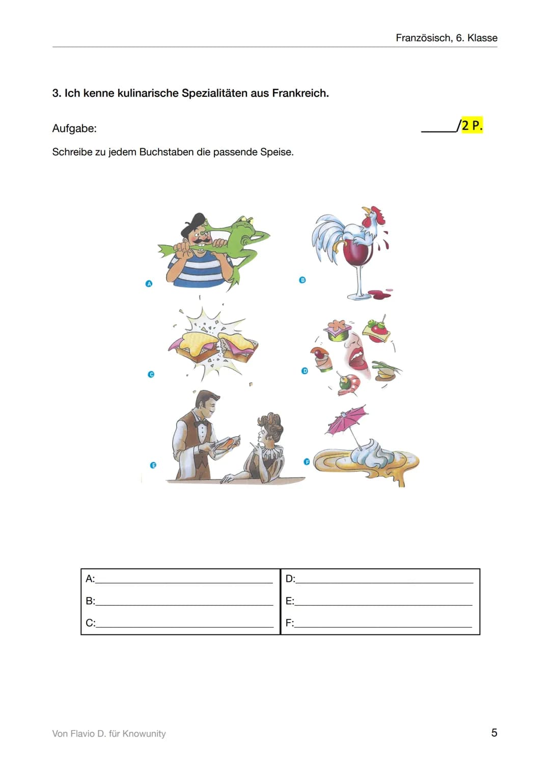 Mögliche Punktzahl:
Erreichte Punktzahl:
Genügende Punktzahl:
Unterschrift Eltern:
Dis donc unité 4: les régions à table
25
15
1. Ich kann k