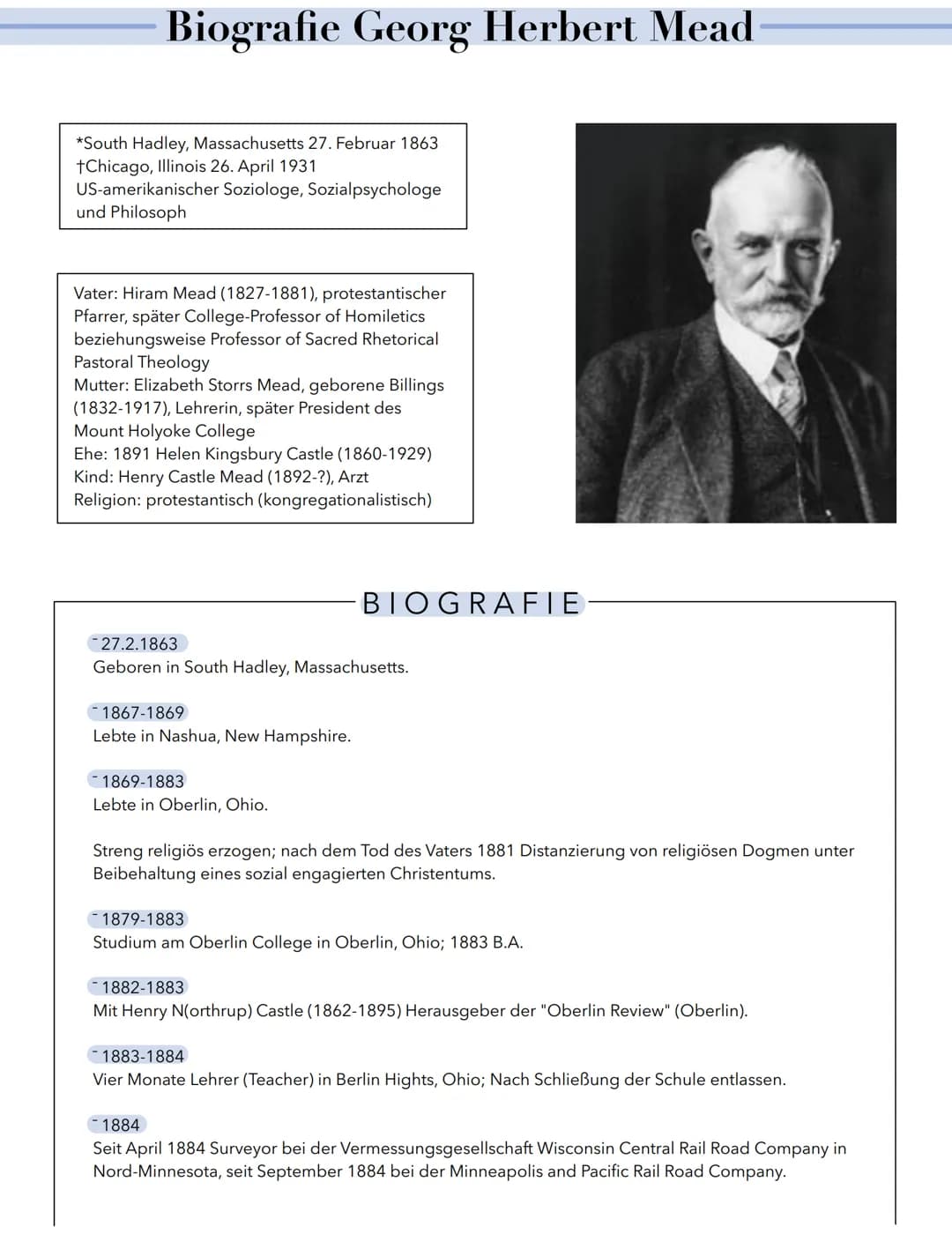 Biografie Georg Herbert Mead
*South Hadley, Massachusetts 27. Februar 1863
+Chicago, Illinois 26. April 1931
US-amerikanischer Soziologe, So