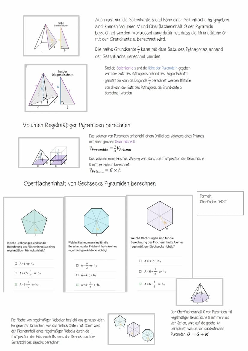   halbe
Seitenfläche
At
AS
A=5 a ha
A=2,5-
Volumen Regelmäßiger Pyramiden berechnen
Welche Rechnungen sind für die
Berechnung des Flächeninh